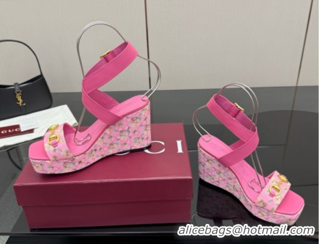 Grade Quality Gucci Flora GG Canvas and Leather Wedge Sandals 10cm with Horsebit and Ankle Strap Pink 0828134