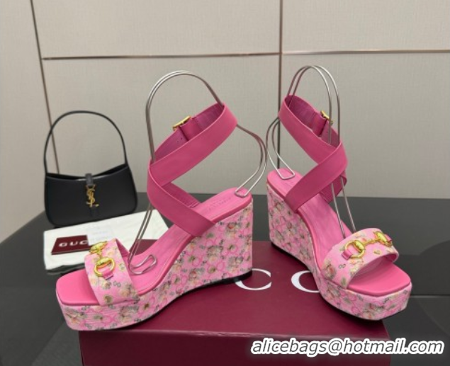Grade Quality Gucci Flora GG Canvas and Leather Wedge Sandals 10cm with Horsebit and Ankle Strap Pink 0828134