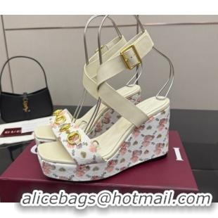 Durable Gucci Flora GG Canvas and Leather Wedge Sandals 10cm with Horsebit and Ankle Strap White 0828135