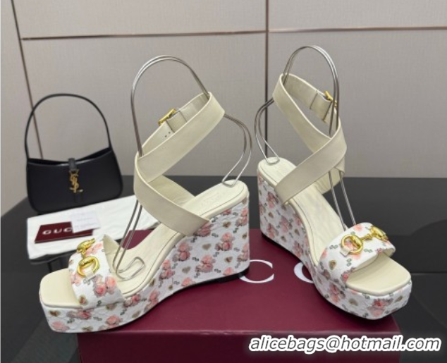 Durable Gucci Flora GG Canvas and Leather Wedge Sandals 10cm with Horsebit and Ankle Strap White 0828135