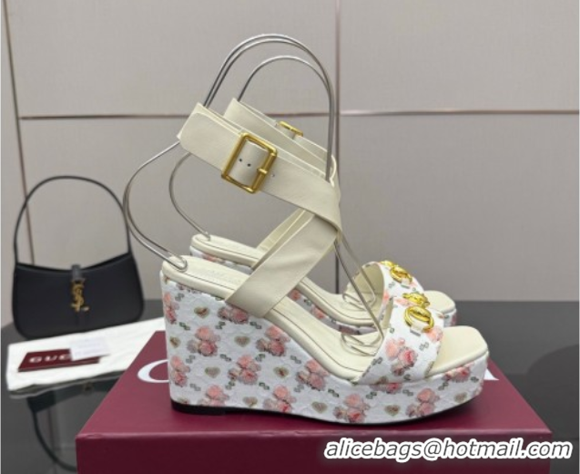 Durable Gucci Flora GG Canvas and Leather Wedge Sandals 10cm with Horsebit and Ankle Strap White 0828135