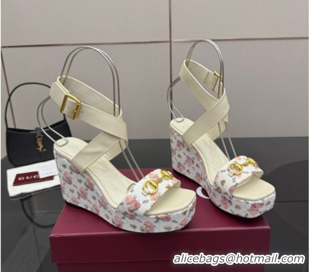 Durable Gucci Flora GG Canvas and Leather Wedge Sandals 10cm with Horsebit and Ankle Strap White 0828135