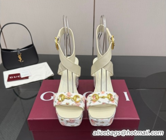 Durable Gucci Flora GG Canvas and Leather Wedge Sandals 10cm with Horsebit and Ankle Strap White 0828135