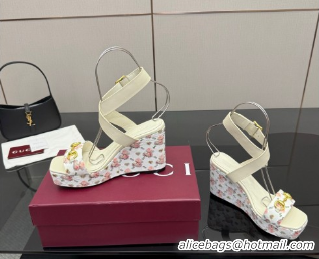 Durable Gucci Flora GG Canvas and Leather Wedge Sandals 10cm with Horsebit and Ankle Strap White 0828135
