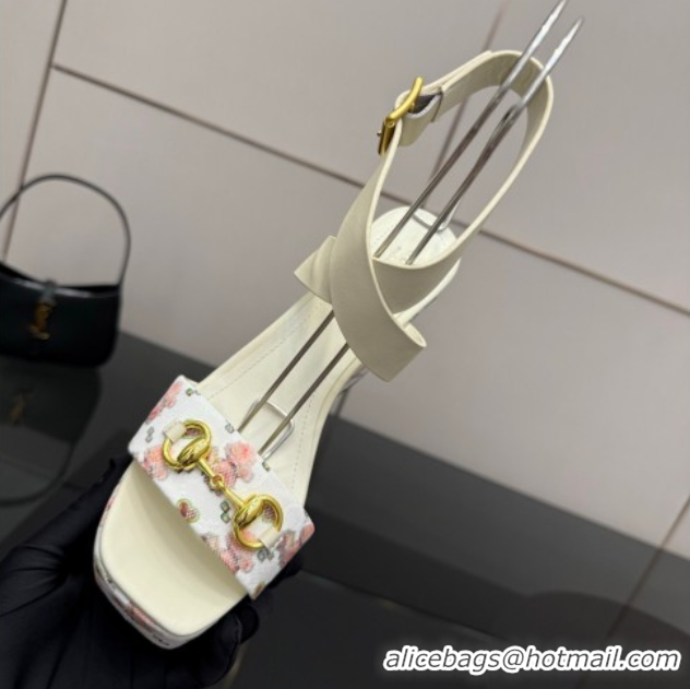 Durable Gucci Flora GG Canvas and Leather Wedge Sandals 10cm with Horsebit and Ankle Strap White 0828135