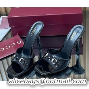 Grade Quality Gucci Patent Leather Heel Slides Sandal 9.5cm with Horsebit Black 2025 832468