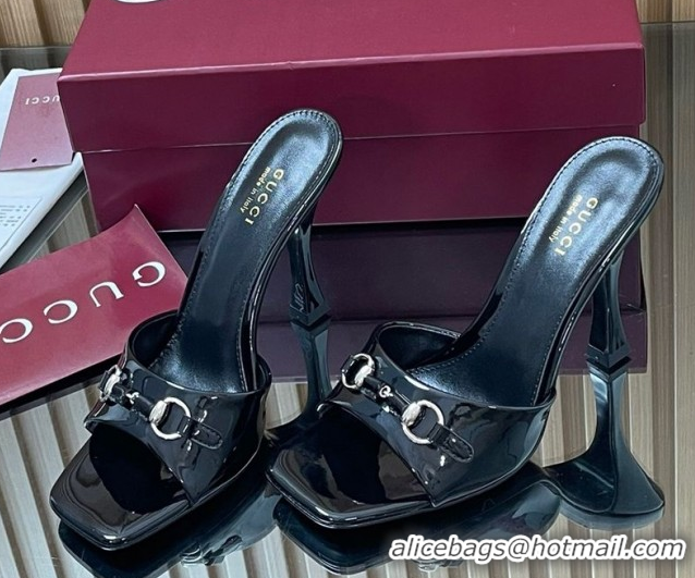 Grade Quality Gucci Patent Leather Heel Slides Sandal 9.5cm with Horsebit Black 2025 832468