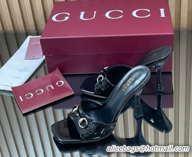 Grade Quality Gucci Patent Leather Heel Slides Sandal 9.5cm with Horsebit Black 2025 832468