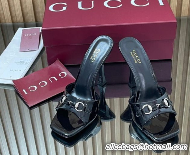 Grade Quality Gucci Patent Leather Heel Slides Sandal 9.5cm with Horsebit Black 2025 832468