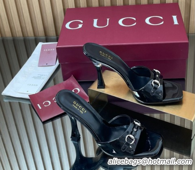 Grade Quality Gucci Patent Leather Heel Slides Sandal 9.5cm with Horsebit Black 2025 832468