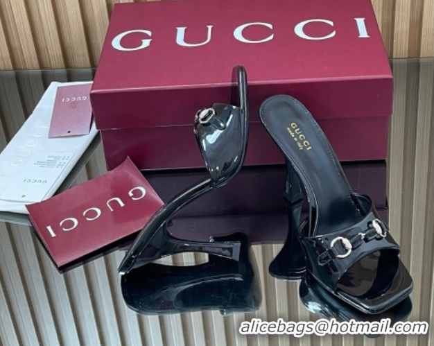 Grade Quality Gucci Patent Leather Heel Slides Sandal 9.5cm with Horsebit Black 2025 832468