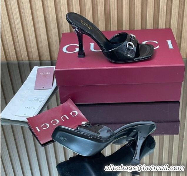 Grade Quality Gucci Patent Leather Heel Slides Sandal 9.5cm with Horsebit Black 2025 832468