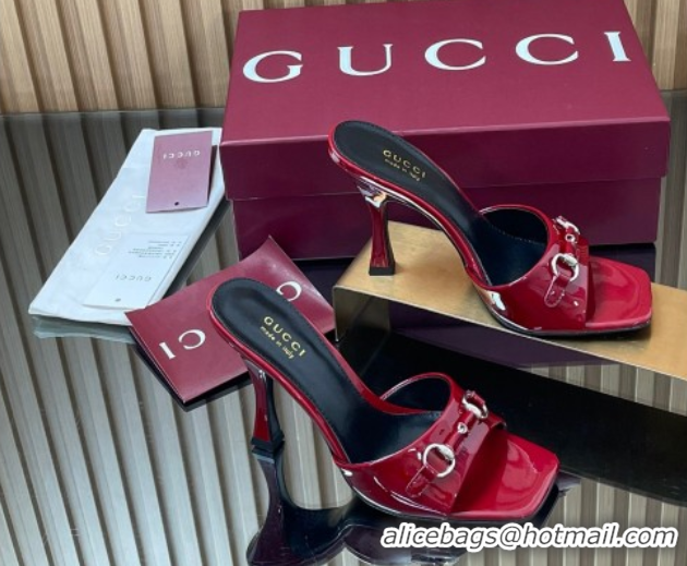Good Quality Gucci Patent Leather Heel Slides Sandal 9.5cm with Horsebit Ancora Red 2025 832468
