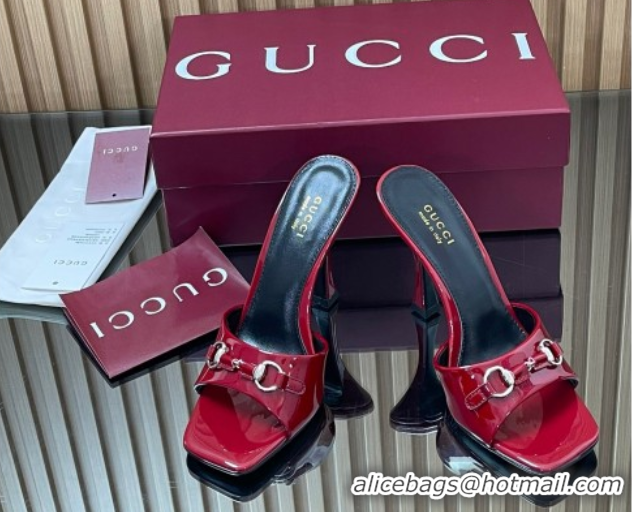 Good Quality Gucci Patent Leather Heel Slides Sandal 9.5cm with Horsebit Ancora Red 2025 832468