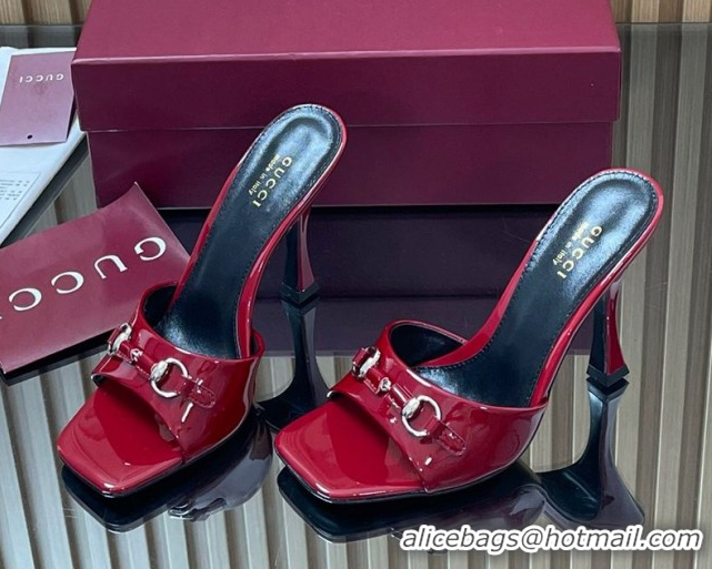 Good Quality Gucci Patent Leather Heel Slides Sandal 9.5cm with Horsebit Ancora Red 2025 832468
