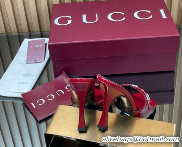 Good Quality Gucci Patent Leather Heel Slides Sandal 9.5cm with Horsebit Ancora Red 2025 832468