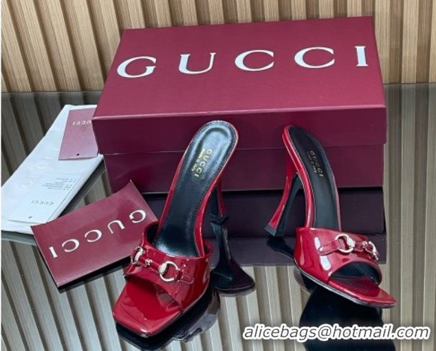 Good Quality Gucci Patent Leather Heel Slides Sandal 9.5cm with Horsebit Ancora Red 2025 832468