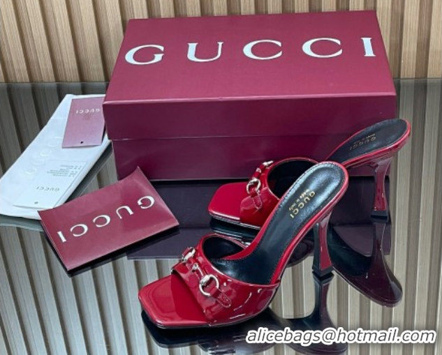 Good Quality Gucci Patent Leather Heel Slides Sandal 9.5cm with Horsebit Ancora Red 2025 832468