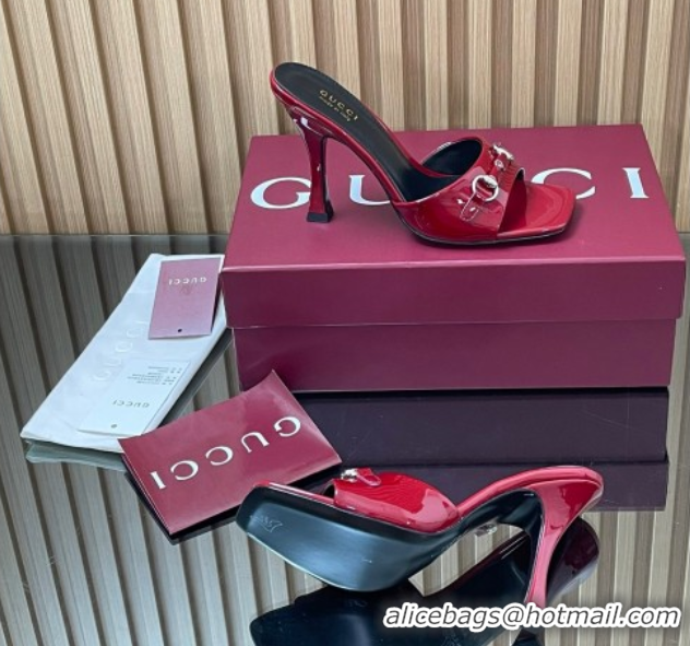 Good Quality Gucci Patent Leather Heel Slides Sandal 9.5cm with Horsebit Ancora Red 2025 832468