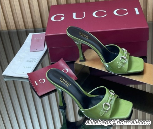 Pretty Style Gucci Patent Leather Heel Slides Sandal 9.5cm with Horsebit Green2 2025 832468