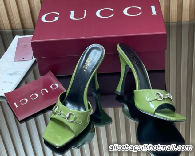 Pretty Style Gucci Patent Leather Heel Slides Sandal 9.5cm with Horsebit Green2 2025 832468