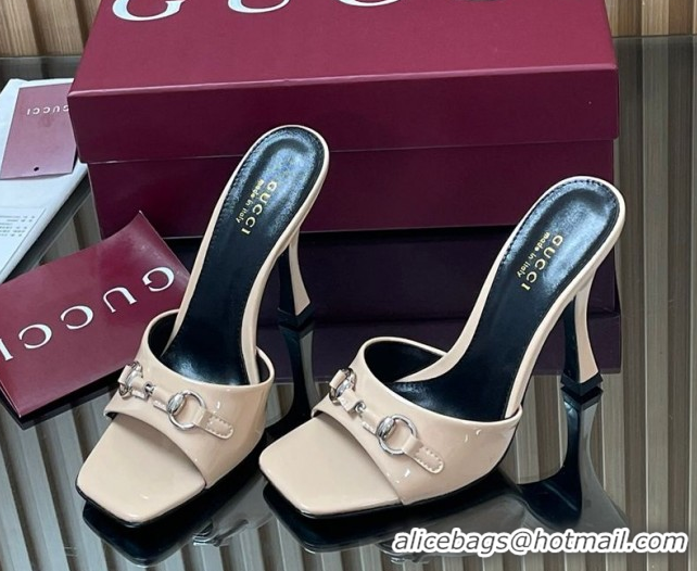 Popular Style Gucci Patent Leather Heel Slides Sandal 9.5cm with Horsebit Nude 2025 832468