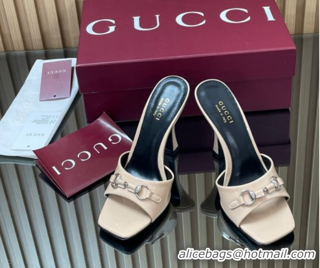 Popular Style Gucci Patent Leather Heel Slides Sandal 9.5cm with Horsebit Nude 2025 832468