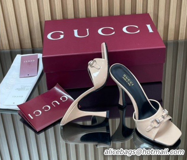 Popular Style Gucci Patent Leather Heel Slides Sandal 9.5cm with Horsebit Nude 2025 832468