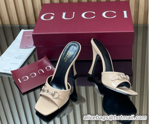 Popular Style Gucci Patent Leather Heel Slides Sandal 9.5cm with Horsebit Nude 2025 832468