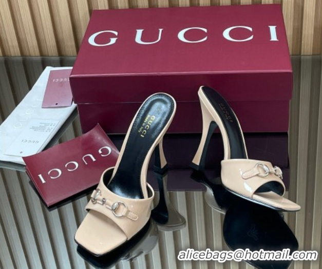 Popular Style Gucci Patent Leather Heel Slides Sandal 9.5cm with Horsebit Nude 2025 832468