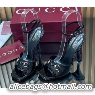 Best Grade Gucci Patent Leather Heel Sandals 9.5cm with Horsebit Black 2025 832468