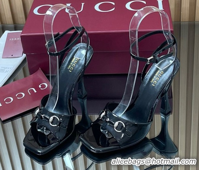 Best Grade Gucci Patent Leather Heel Sandals 9.5cm with Horsebit Black 2025 832468