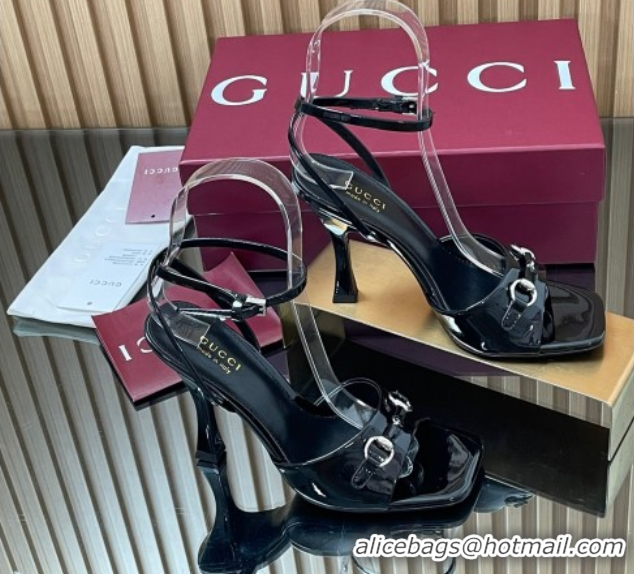 Best Grade Gucci Patent Leather Heel Sandals 9.5cm with Horsebit Black 2025 832468