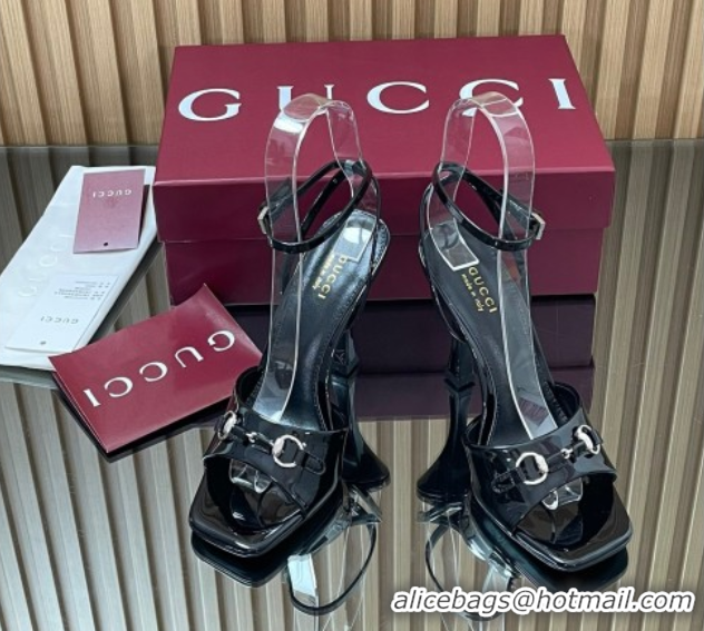 Best Grade Gucci Patent Leather Heel Sandals 9.5cm with Horsebit Black 2025 832468