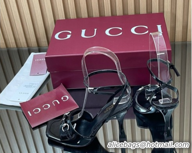 Best Grade Gucci Patent Leather Heel Sandals 9.5cm with Horsebit Black 2025 832468