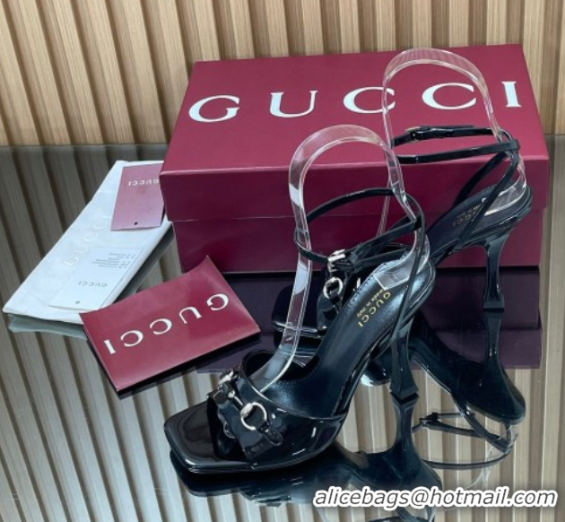 Best Grade Gucci Patent Leather Heel Sandals 9.5cm with Horsebit Black 2025 832468