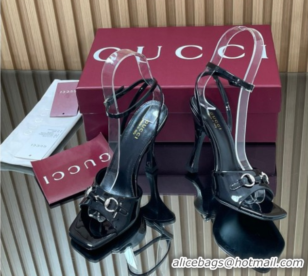 Best Grade Gucci Patent Leather Heel Sandals 9.5cm with Horsebit Black 2025 832468