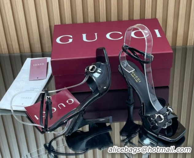 Best Grade Gucci Patent Leather Heel Sandals 9.5cm with Horsebit Black 2025 832468