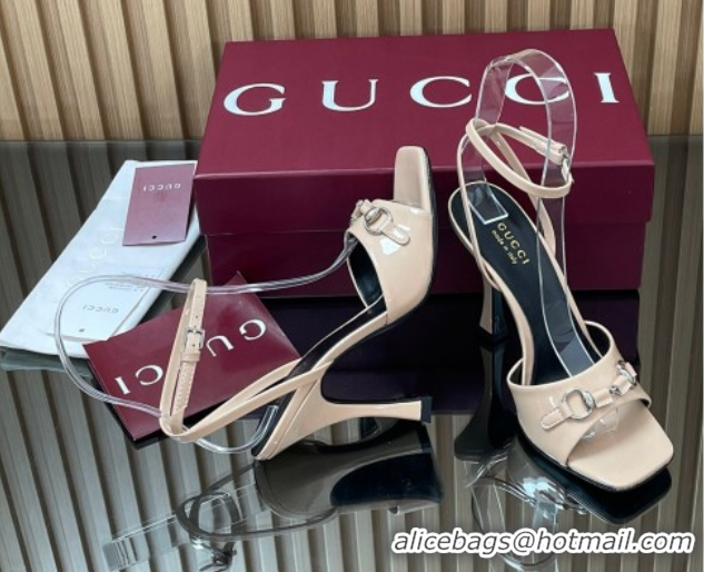 Shop Duplicate Gucci Patent Leather Heel Sandals 9.5cm with Horsebit Nude 2025 832468