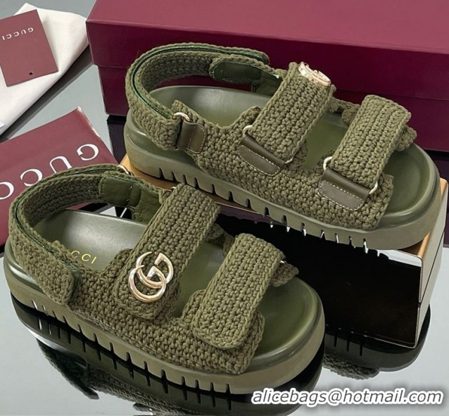 Low Cost Gucci Cotton Crochet Strap Flat Sandals with Double G Dark Green 835086