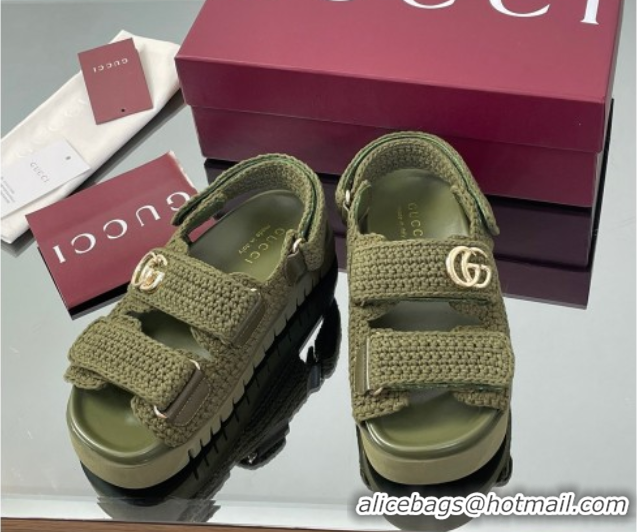 Low Cost Gucci Cotton Crochet Strap Flat Sandals with Double G Dark Green 835086