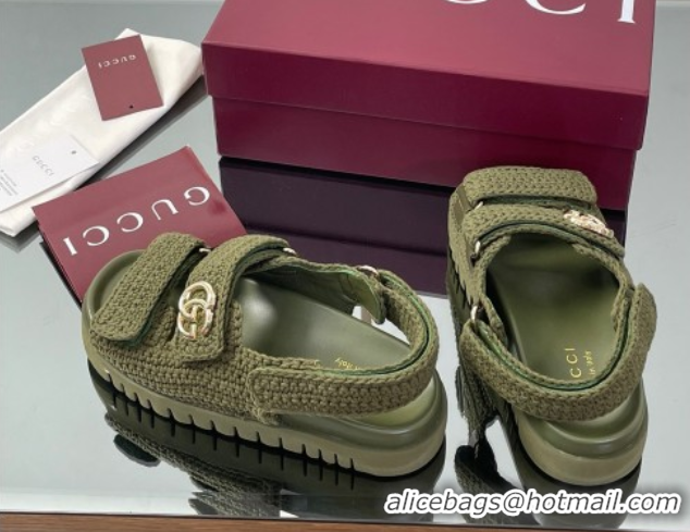 Low Cost Gucci Cotton Crochet Strap Flat Sandals with Double G Dark Green 835086