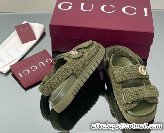 Low Cost Gucci Cotton Crochet Strap Flat Sandals with Double G Dark Green 835086