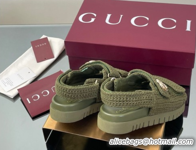 Low Cost Gucci Cotton Crochet Strap Flat Sandals with Double G Dark Green 835086