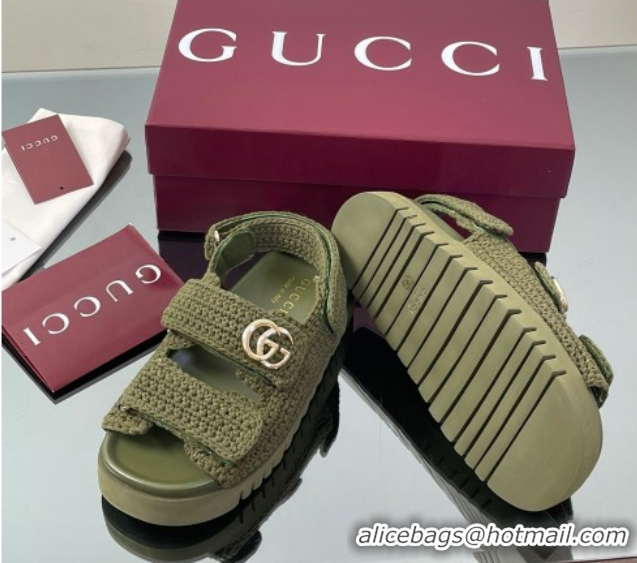 Low Cost Gucci Cotton Crochet Strap Flat Sandals with Double G Dark Green 835086