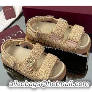 Cheap Price Gucci Cotton Crochet Strap Flat Sandals with Double G Beige 835086