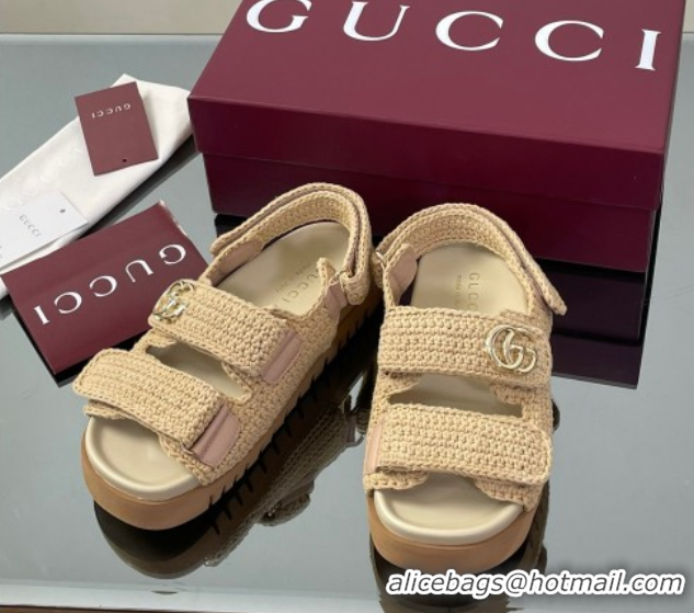 Cheap Price Gucci Cotton Crochet Strap Flat Sandals with Double G Beige 835086