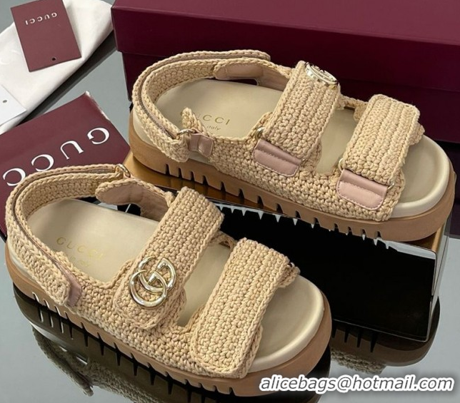 Cheap Price Gucci Cotton Crochet Strap Flat Sandals with Double G Beige 835086