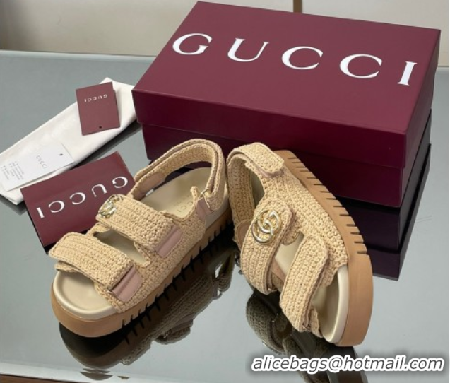 Cheap Price Gucci Cotton Crochet Strap Flat Sandals with Double G Beige 835086