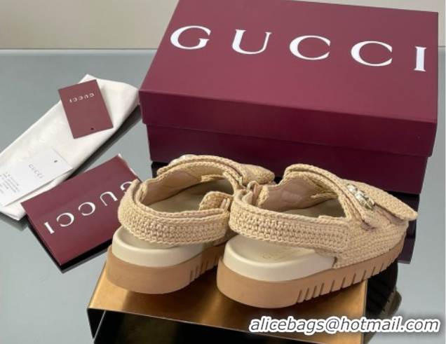 Cheap Price Gucci Cotton Crochet Strap Flat Sandals with Double G Beige 835086